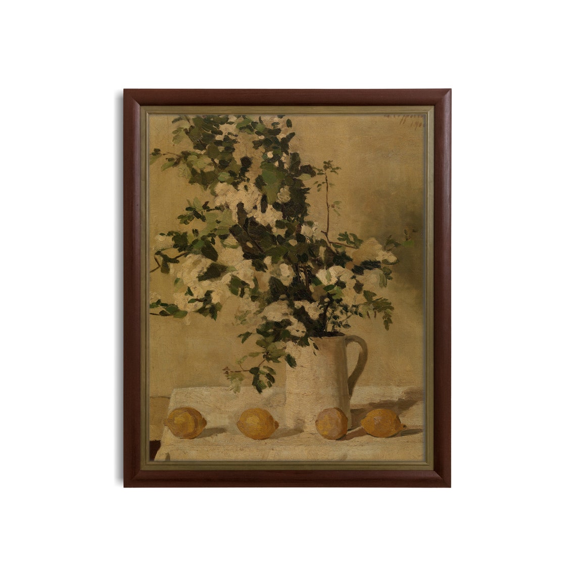 White Blossoms in a Pitcher with Lemons Vintage Still Life Poster - Image 3