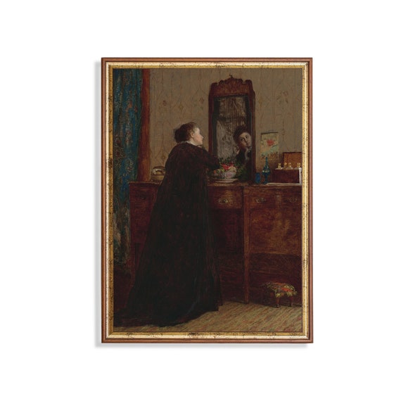 Printed And Shipped Woman Portrait Painting Vintage Prints Victorian Mirror Antique Art Female Moody Rustic Portrait Vanity Art