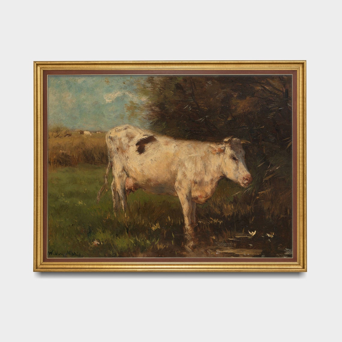 White Cow By A Meadow Stream Vintage Pastoral Painting Poster - Image 3