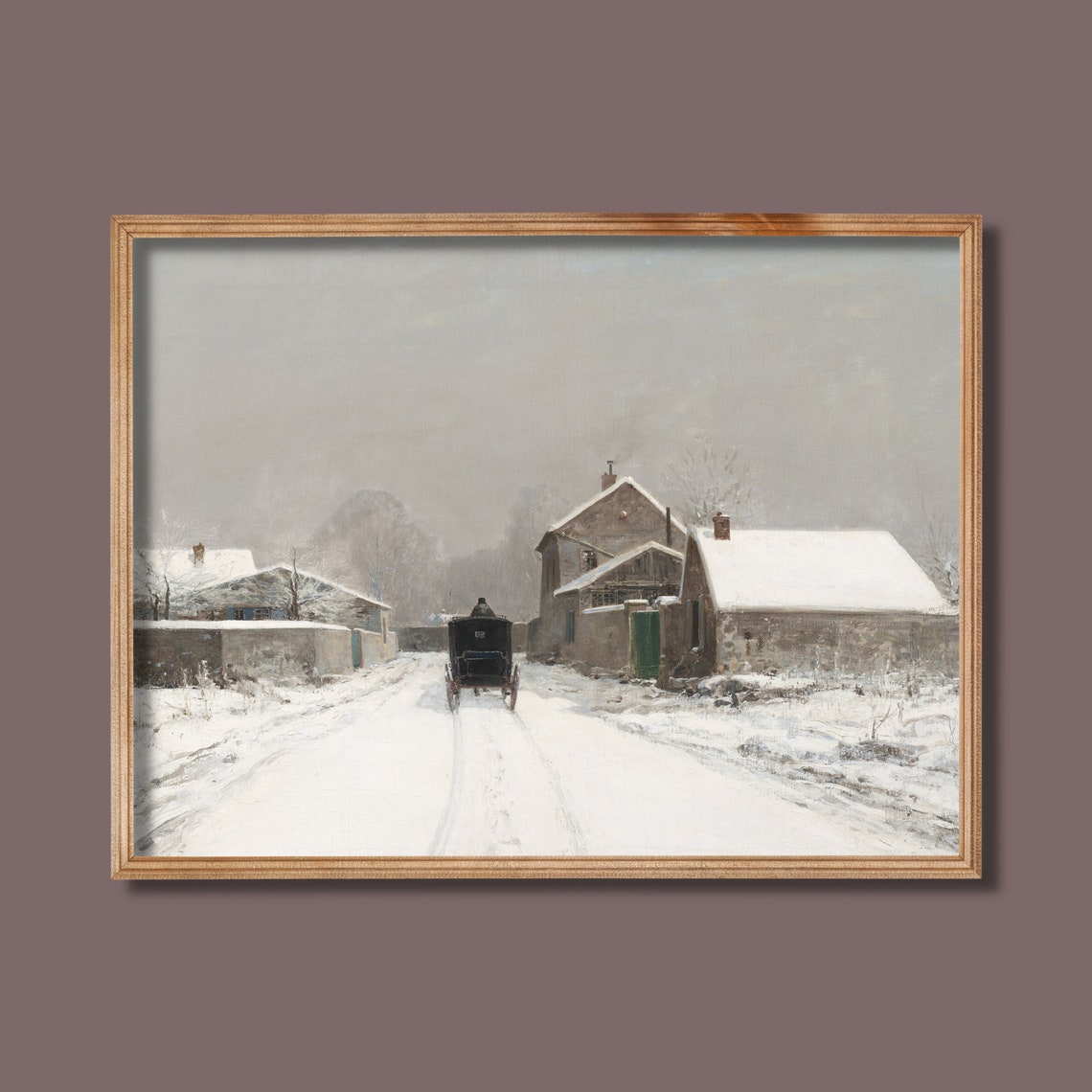 Horse-Drawn Carriage on a Snowy Village Road Quiet Winter Poster - Image 4