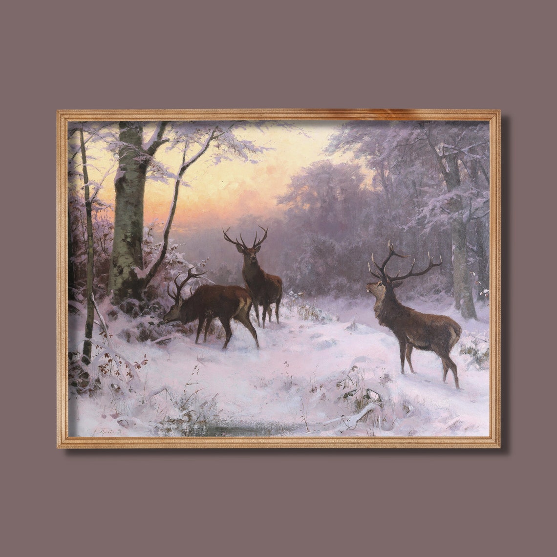 Three Stags in Snowy Forest at Dusk Vintage Winter Wildlife Poster - Image 3