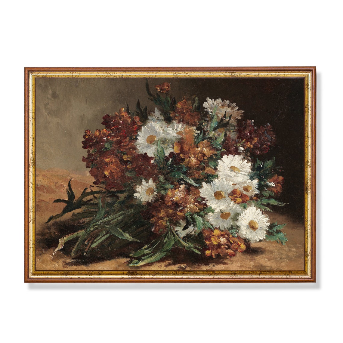 White Daisies and Rust-Red Flowers in a Bunch Moody Still Life Print