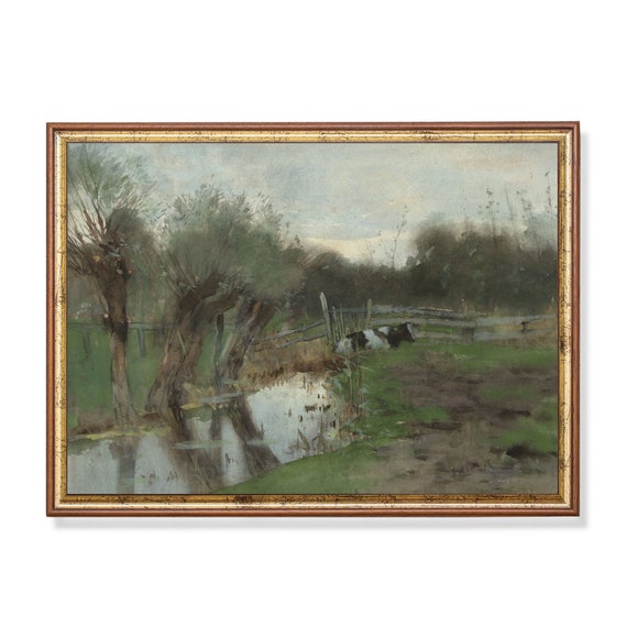 Mailed Print Vintage Landscape Painting Country Decor Antique Moody Print Meadow Landscape Cow In A Meadow Printed And Shipped