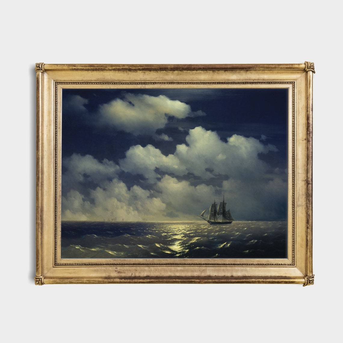 Sailing Ship Under Moonlit Clouds Night Ocean Vintage Marine Poster - Image 2