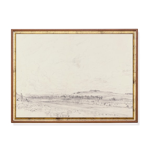 Vintage Landscape Sketch, Farmhouse Country Art Print