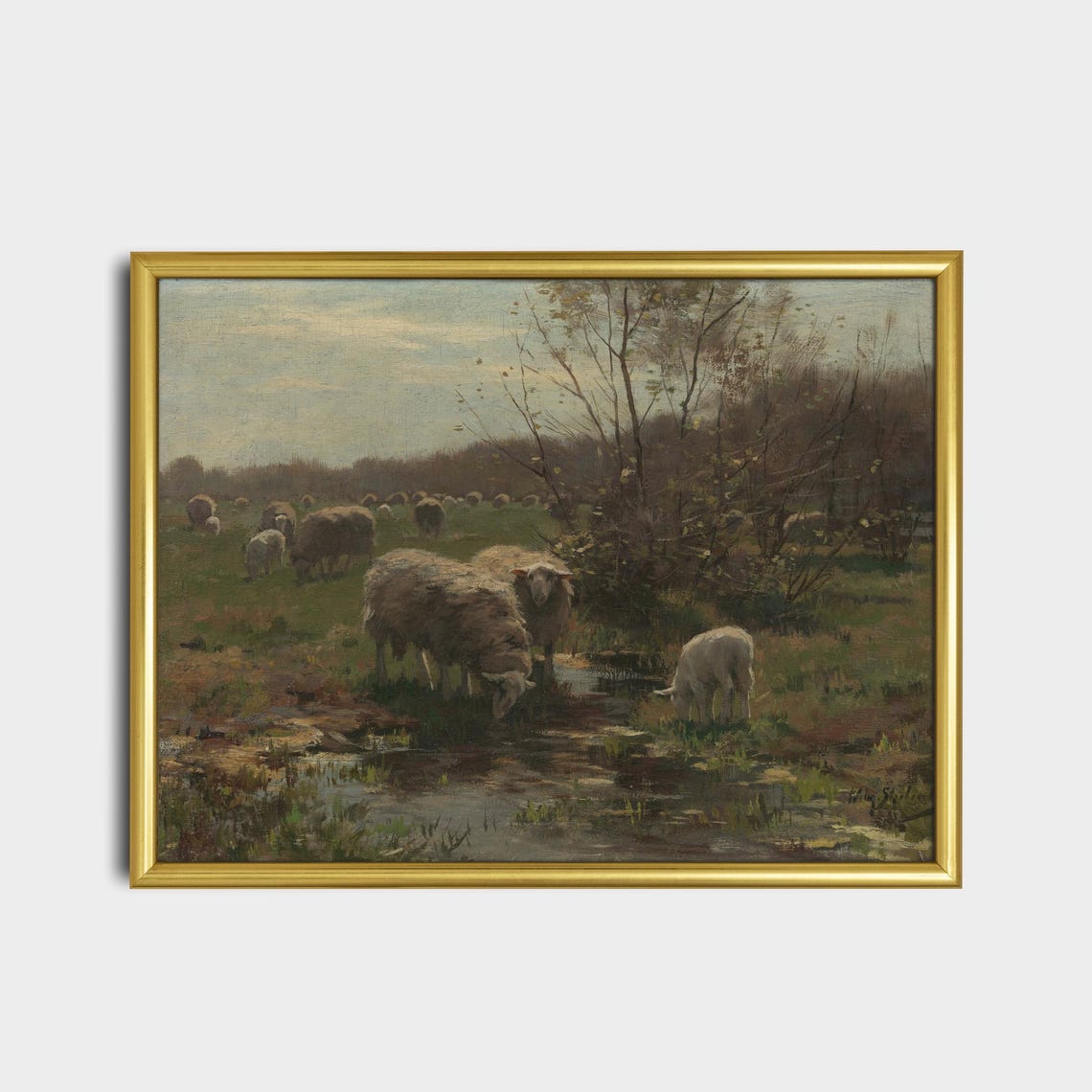Sheep Grazing by a Stream in a Pastoral Meadow Painting Poster - Image 2