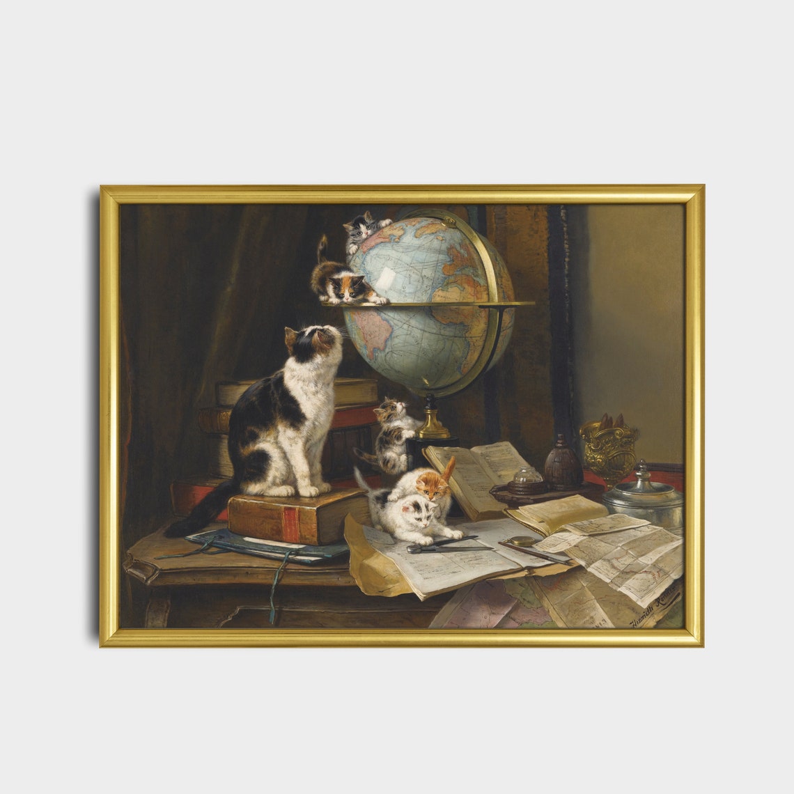 Kittens Playing With a Globe on a Scholar's Desk Vintage Poster - Image 3