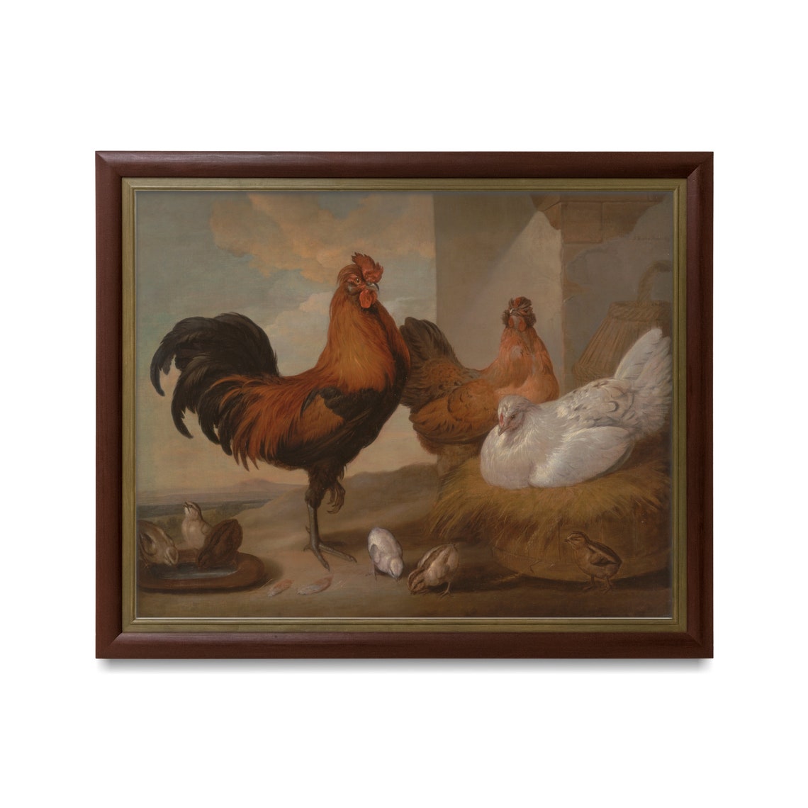 Vintage Red Rooster Hens Chicks Barnyard Farm Animal Painting Poster - Image 3