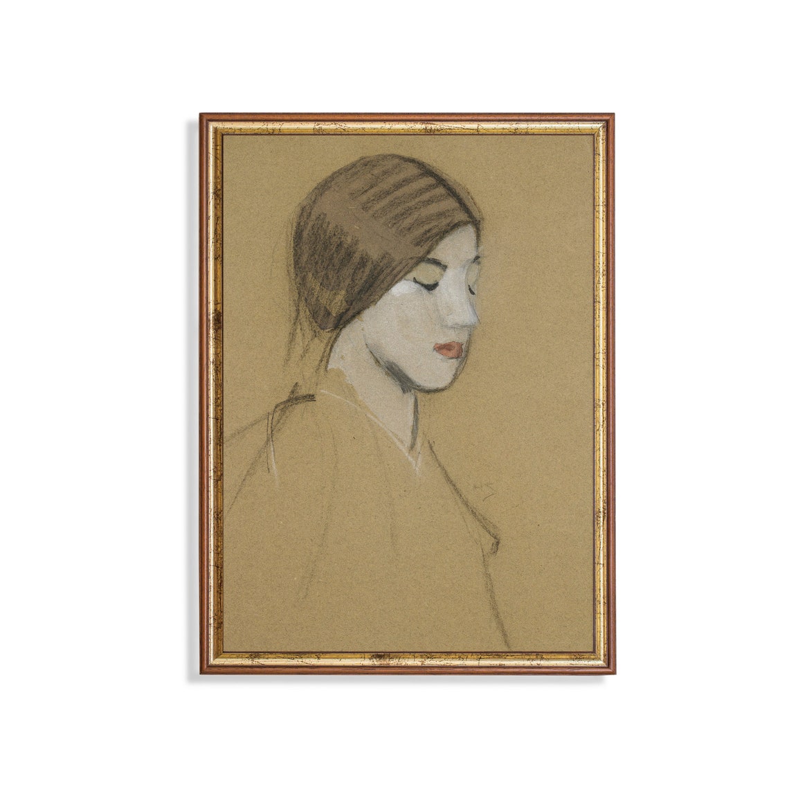Sketch Portrait of a Woman in Profile Tan Background Vintage Poster
