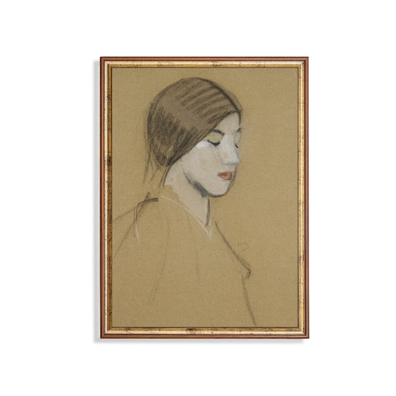 Sketch Portrait of a Woman in Profile Tan Background Vintage Poster