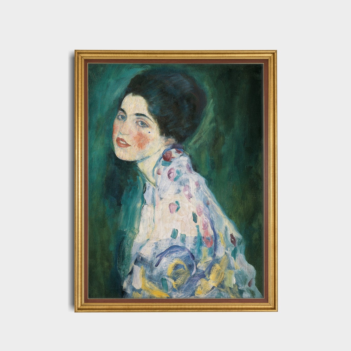 Woman in a Patterned Dress Against a Green Background Portrait Poster - Image 4