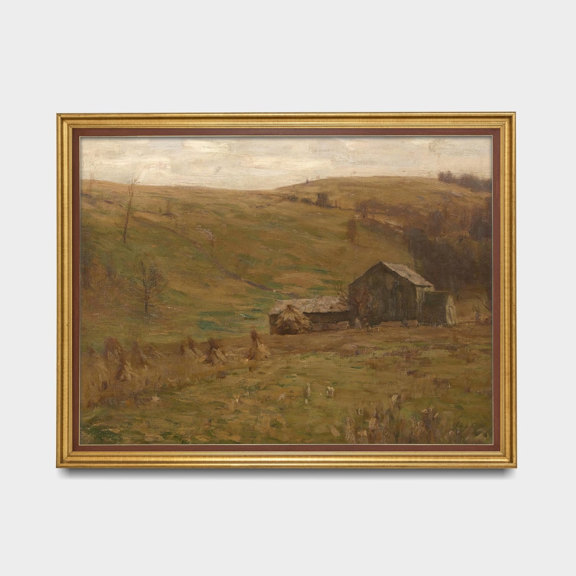 Golden Rolling Farm Hills with Barn and Haystacks Vintage Poster - Image 3