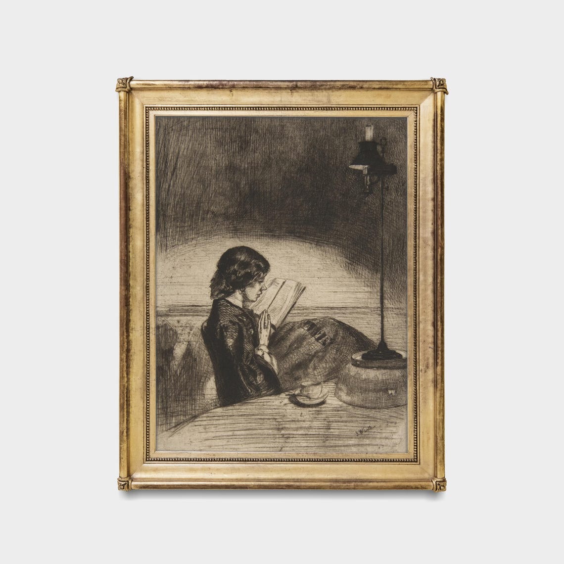 Woman Reading by Lamplight at Night Antique Style Etching Poster - Image 5