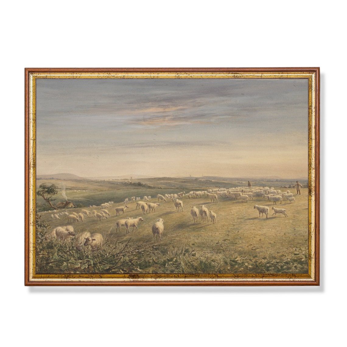 Sheep Flock Grazing on Hillside with Shepherds Vintage Pastoral Poster