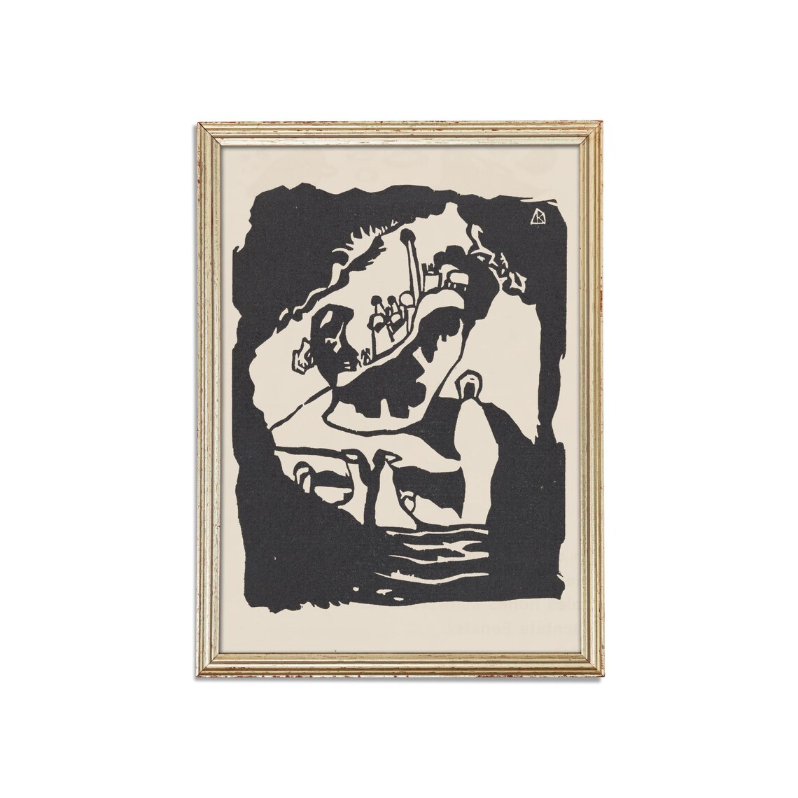 Expressionist Black White Woodcut Boat With Birds Vintage Art Poster - Image 3