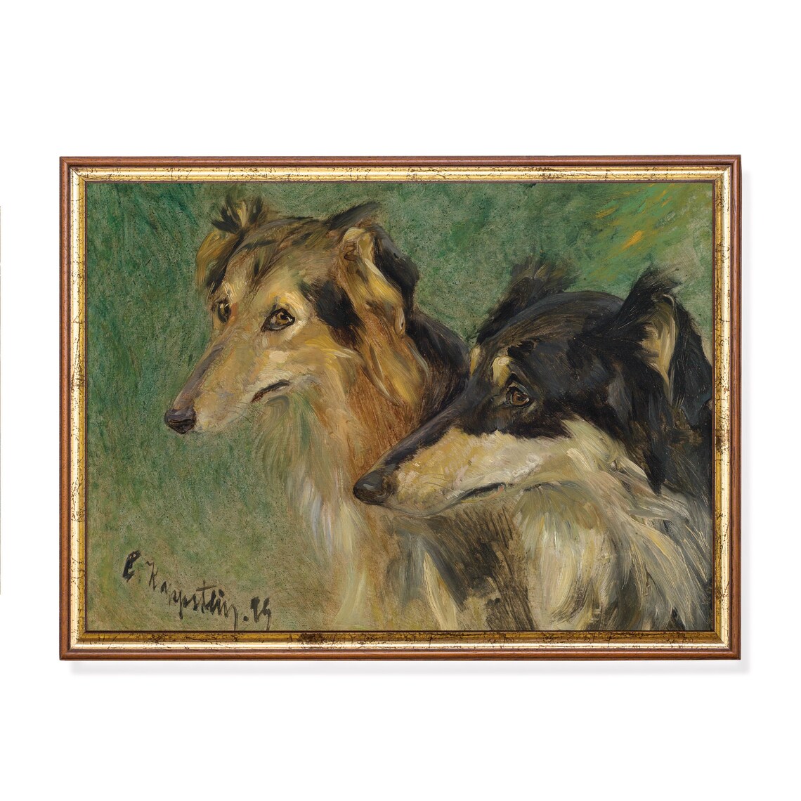 Two Collie Dogs in Profile Vintage Oil Painting Antique Pet Art Poster