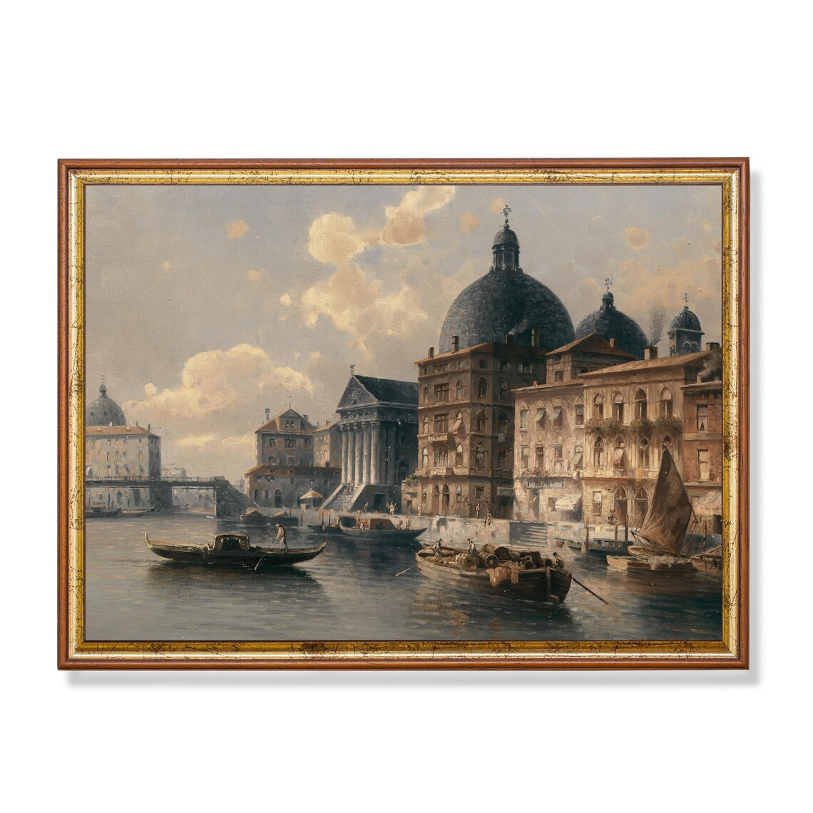 Vintage Venice Canal Painting Domed Church Gondola Italy Wall Art