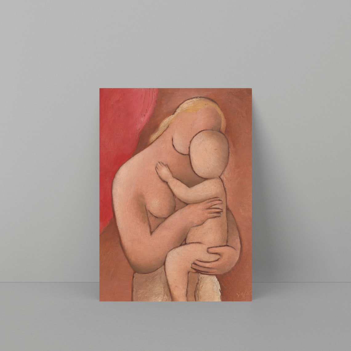 Mother and Child Embrace Expressionist Painting in Warm Reds Wall Art - Image 3