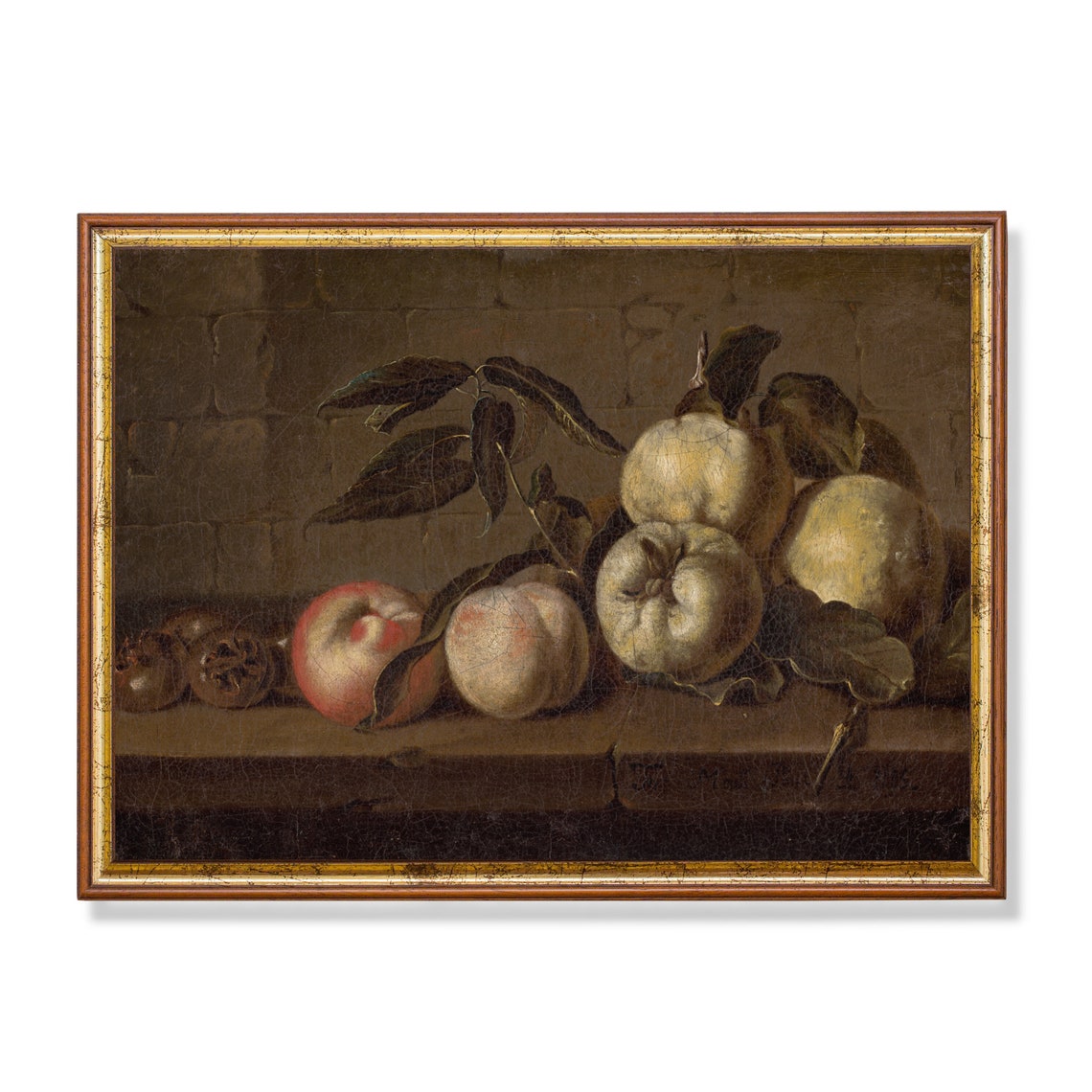 Peaches and Apples Dark Background Vintage Fruit Still Life Poster
