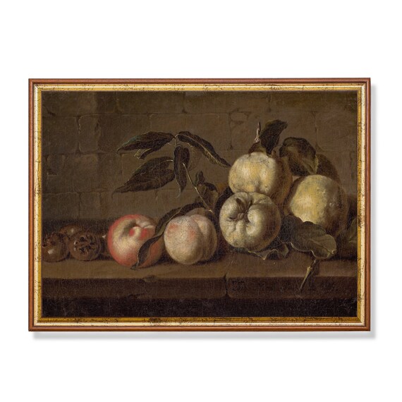 Vintage Still Life With Fruits Antique Fruits Painting Moody Rustic Print Farmhouse Kitchen Decor Art