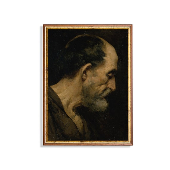 Vintage Portrait Painting Antique Old Man Portrait Moody Rustic Print Wall Art 19th Century Fine Art