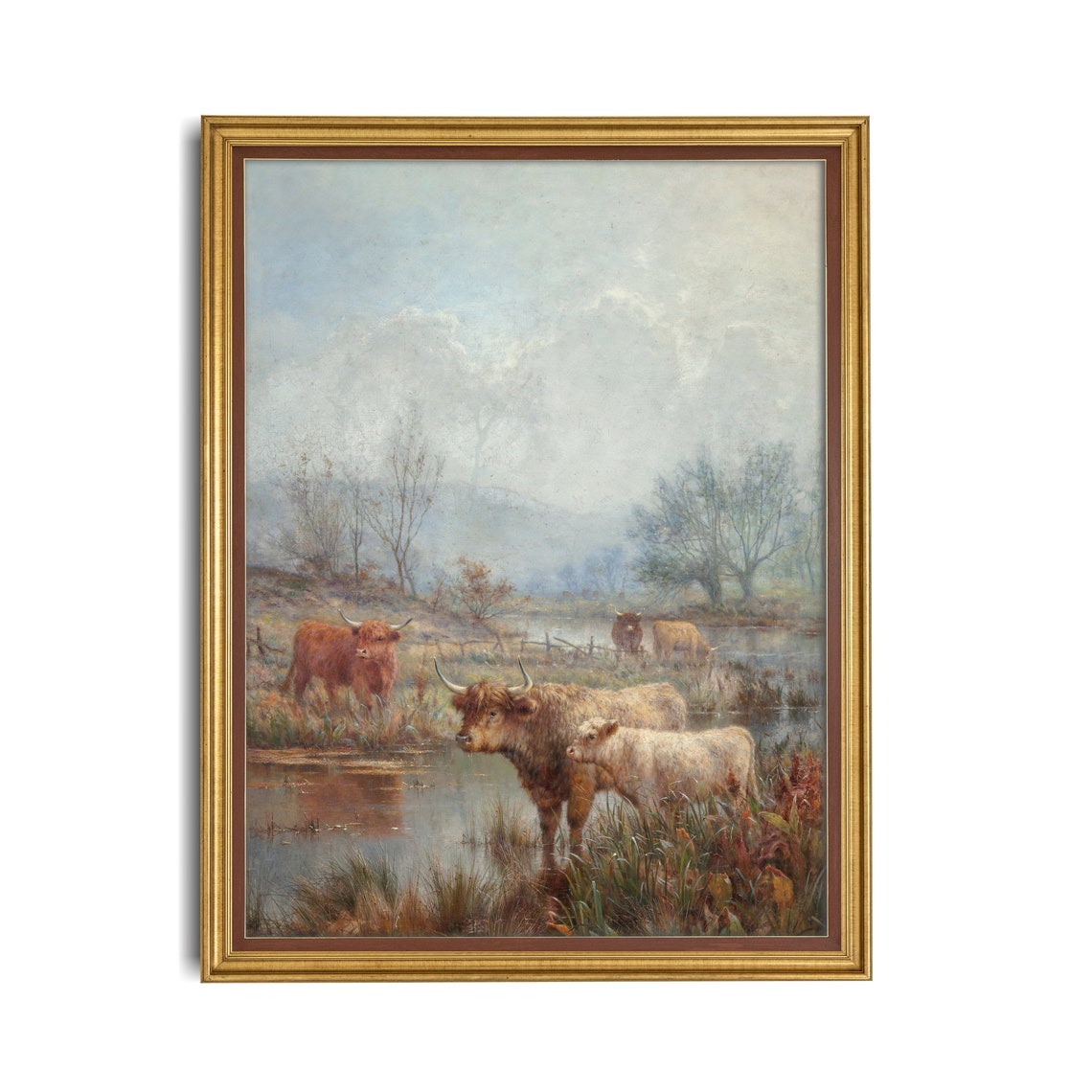 Highland Cattle with a White Calf by a Misty Stream Farm Poster - Image 2