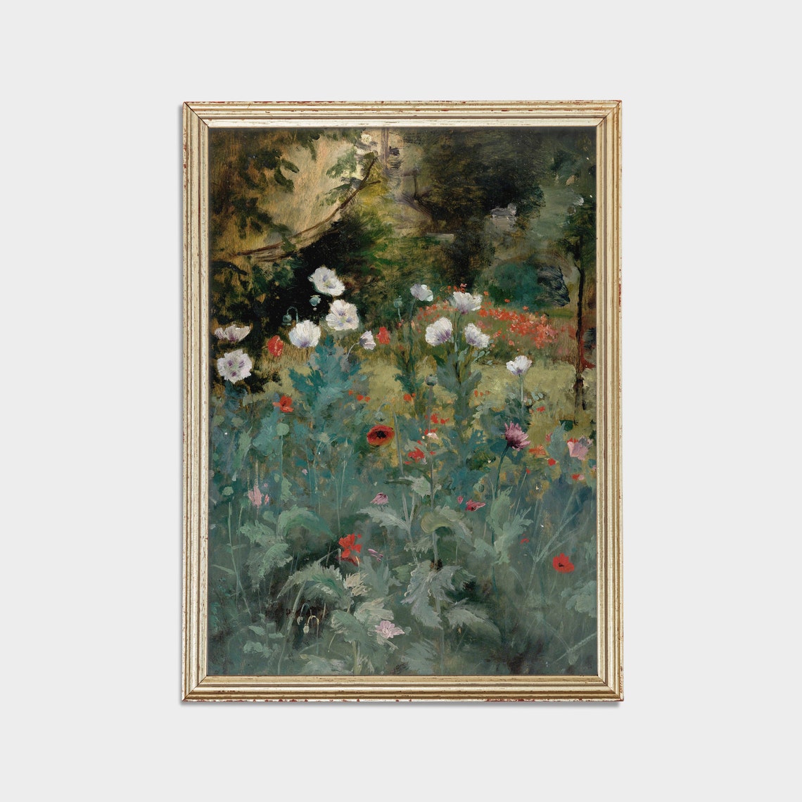 White and Red Poppies in a Wild Garden Vintage Floral Paint Poster - Image 2