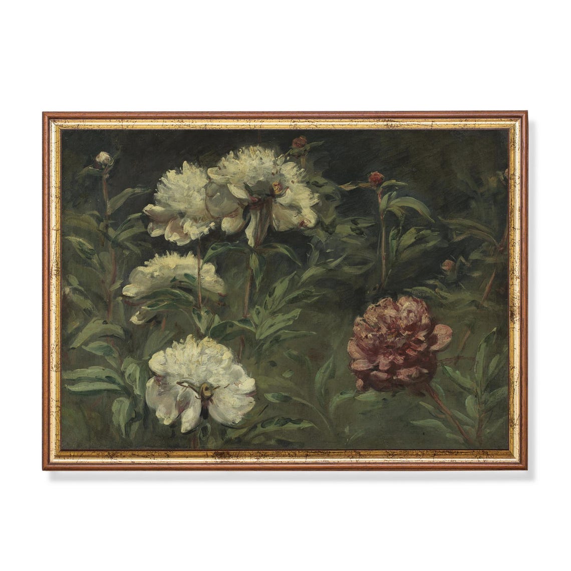 White and Red Peonies Garden Moody Vintage Floral Art Poster