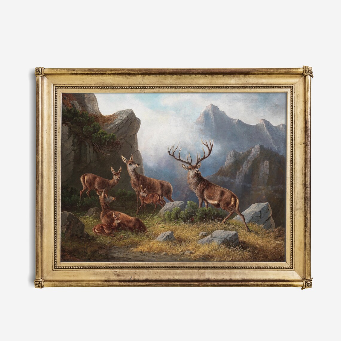 Red Deer Stag with Herd on Rocky Mountain Slope Vintage Wildlife Art Poster - Image 3