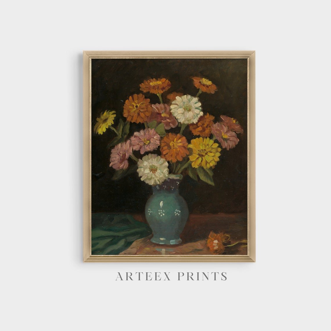 Autumn Zinnia Bouquet in a Blue Green Vase Still Life Poster - Image 4