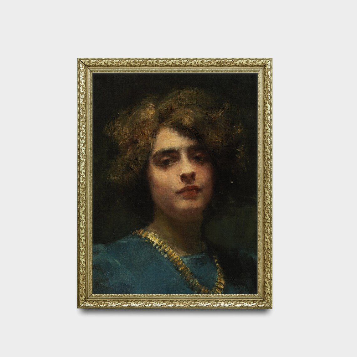 Woman in a Teal Dress with a Gold Necklace Antique Portrait Poster - Image 2