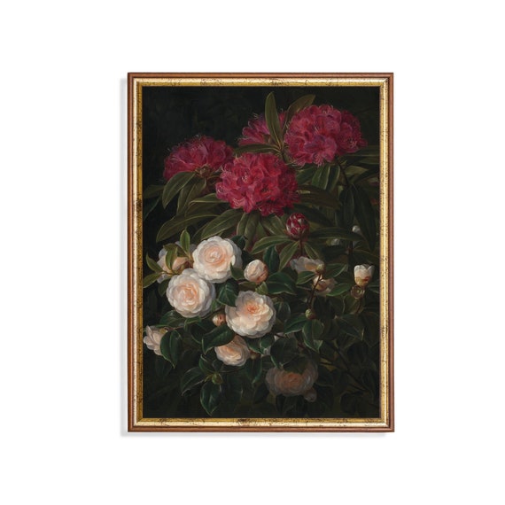 Vintage Still Life With Flowers Antique Floral Painting Moody Rustic Print Farmhouse Decor Wall Art