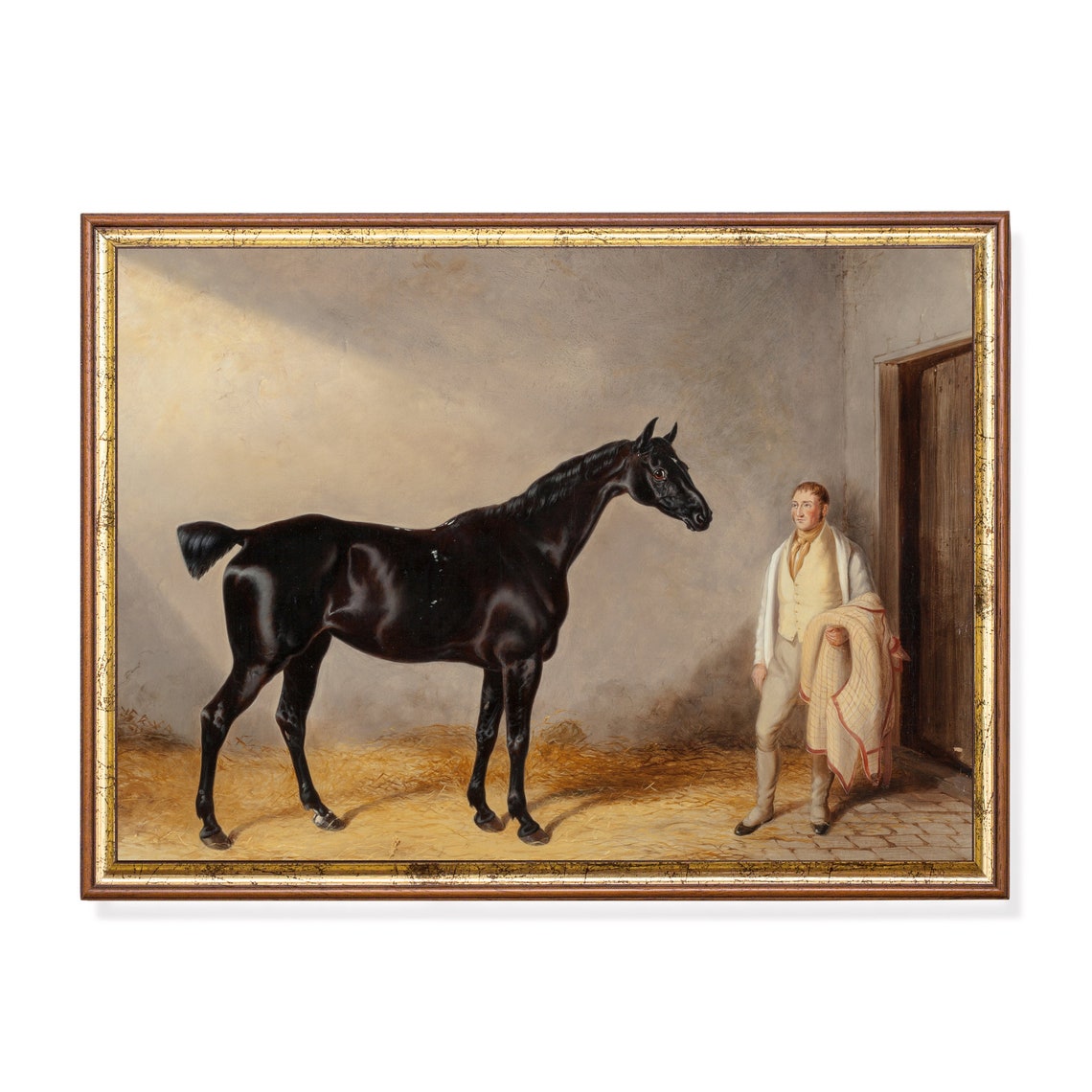 Black Horse in a Stable with Groom Antique Equestrian Poster