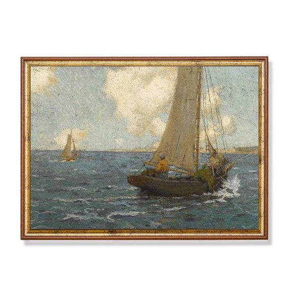 Vintage Sailing Boat Painting Antique Seascape Print Rustic Nautical Decor Wall Art Fine Art Print