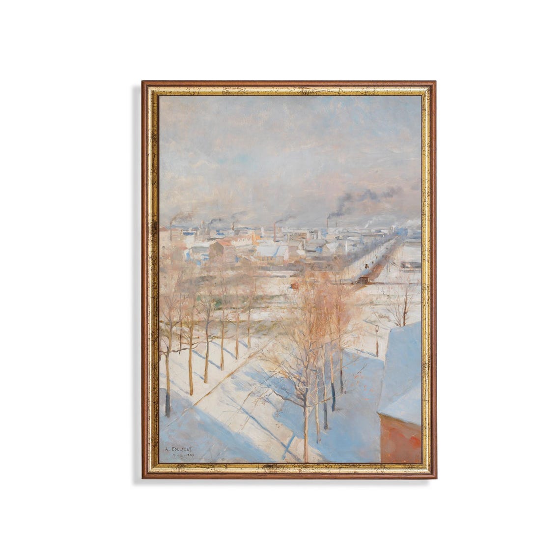 Snowy City Rooftops Chimneys Winter Cityscape Painting Poster