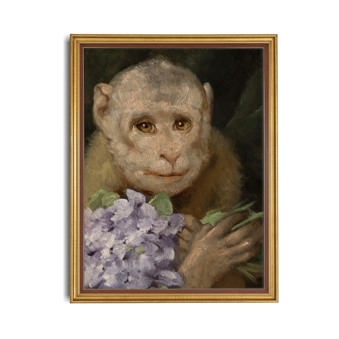 Monkey Holding Purple Flowers Close-Up Vintage Animal Art Poster - Image 4