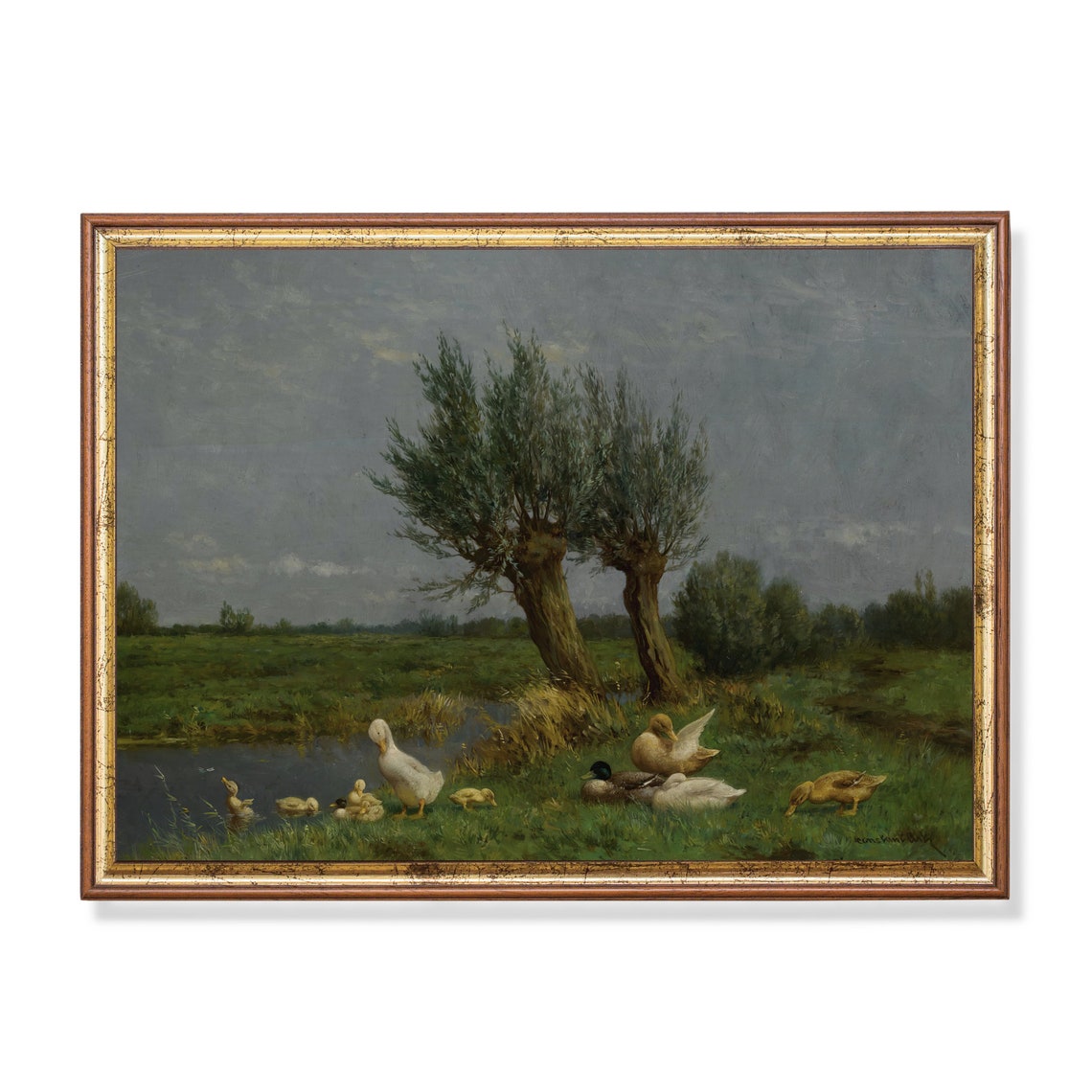 Duck with Ducklings by a Willow Lined Stream Farm Pond Painting Poster