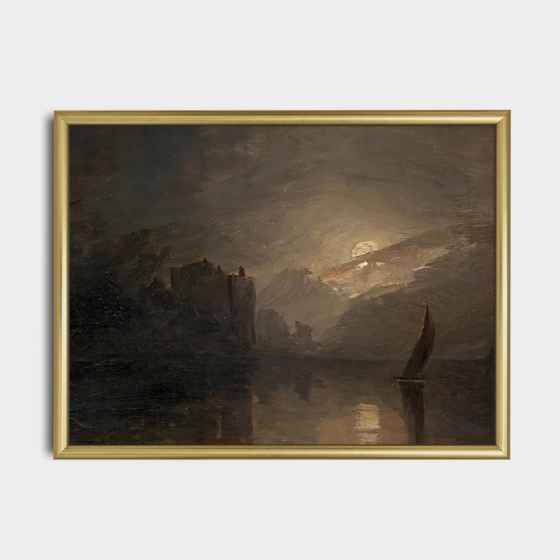 Vintage Landscape Painting Antique Seascape Moonlight Print Moody Rustic Coastal Fine Artwork Wall Art - Image 5