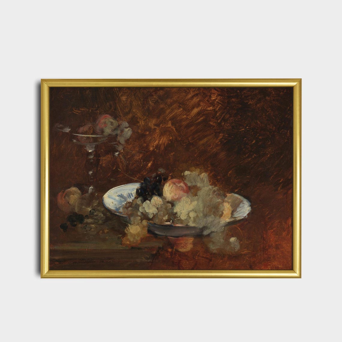 Dark Moody Fruit Bowl with Grapes and Peaches Still Life Poster - Image 2