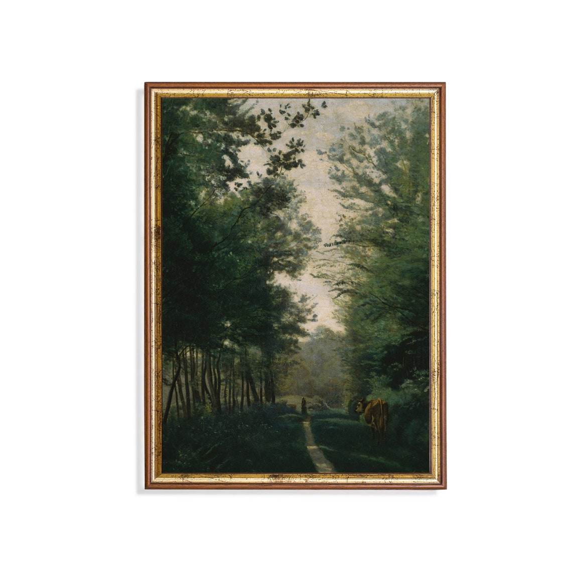 Cow and Herder on a Woodland Path Antique Forest Painting Poster