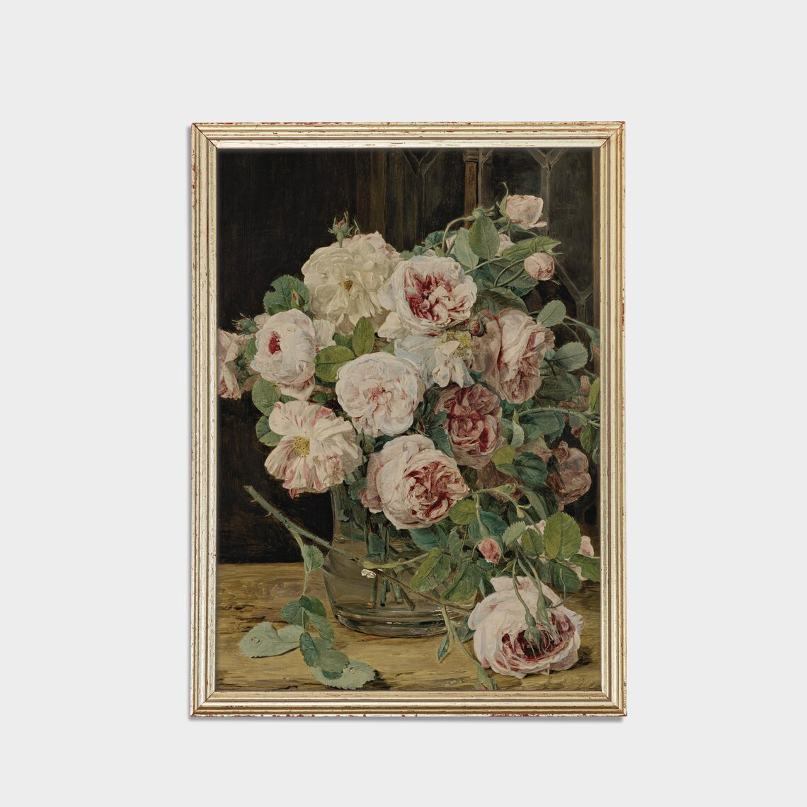 Blush Pink Roses Bouquet Glass Vase Vintage Floral Painting Poster - Image 2