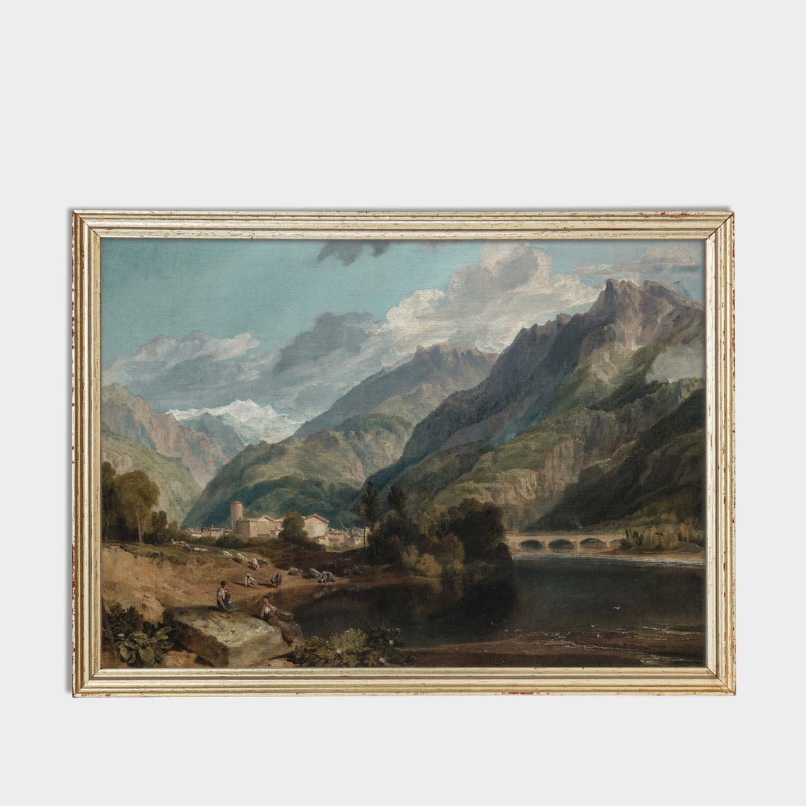 Alpine Village with Stone Bridge and River in Mountain Valley Poster - Image 3