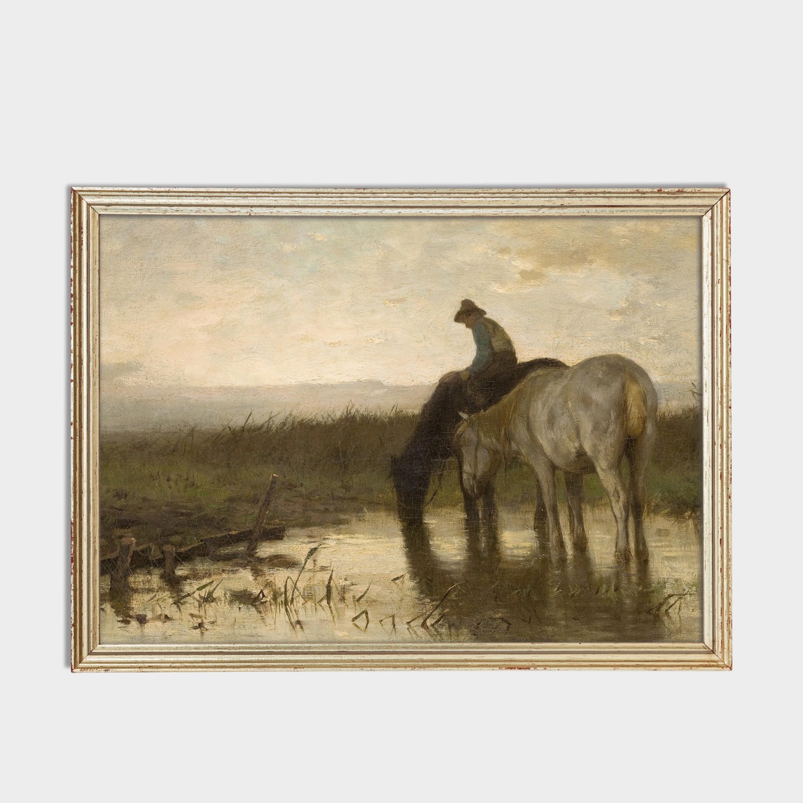 Rider Watering Two Horses at a Still Pond Under a Pale Dusk Sky Poster - Image 2