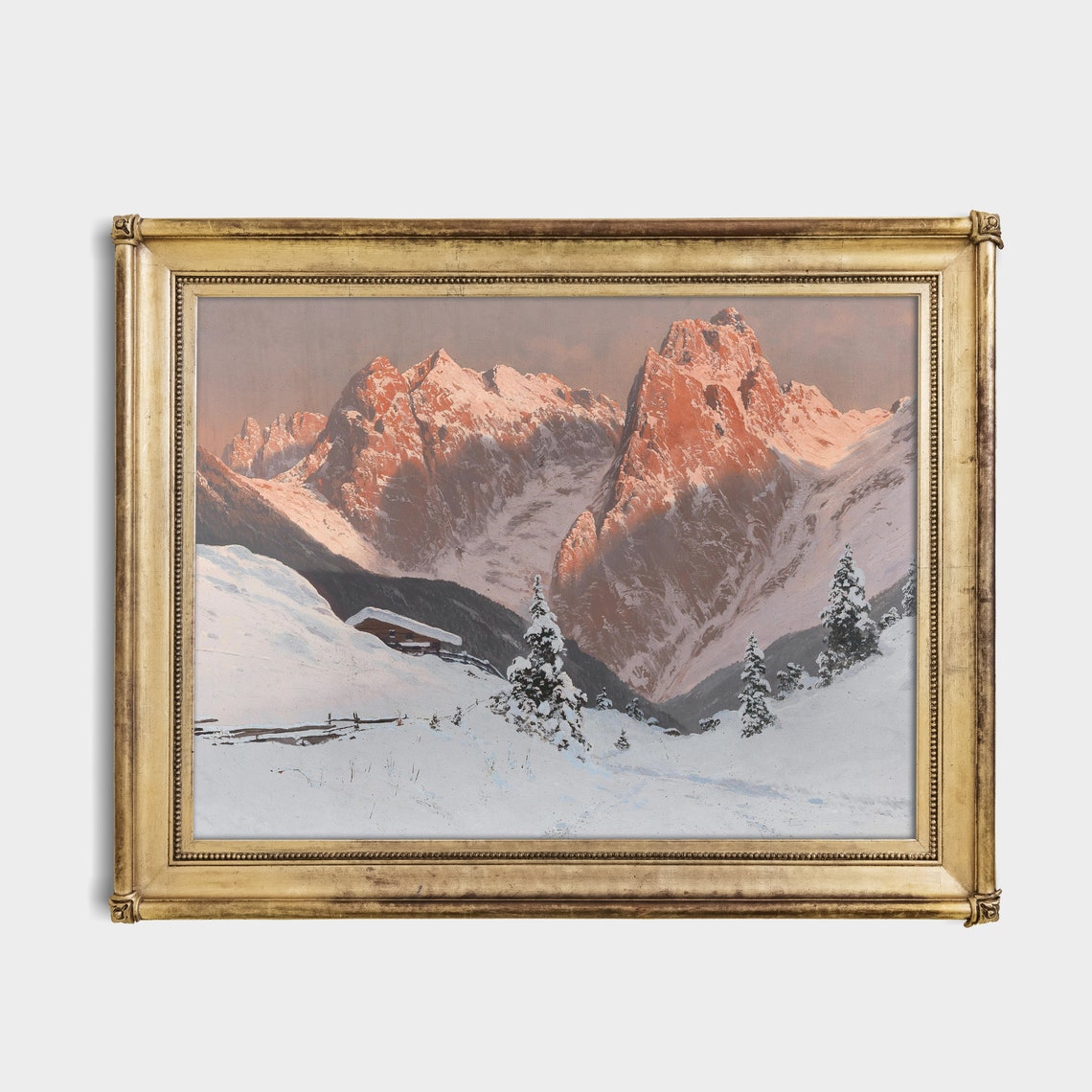 Alpenglow on Snowy Peaks With a Mountain Chalet Winter Poster - Image 2