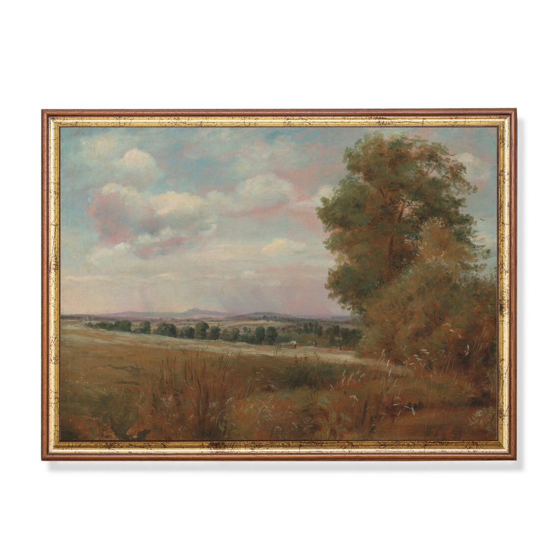 Golden Meadow at Sunset Large Tree Vintage Pastoral Landscape Poster