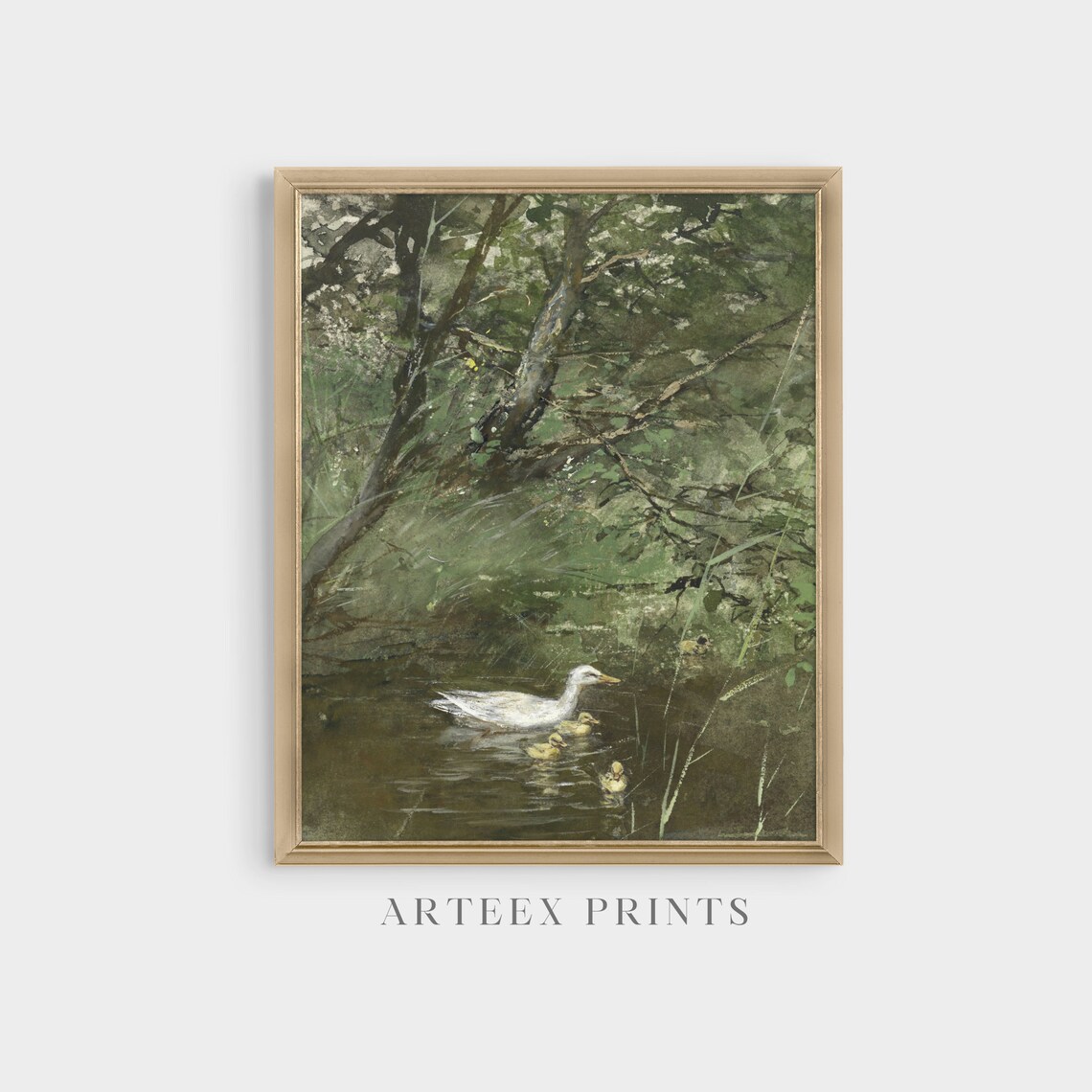Vintage Duck Painting, Antique Pond Landscape Art Print - Image 3