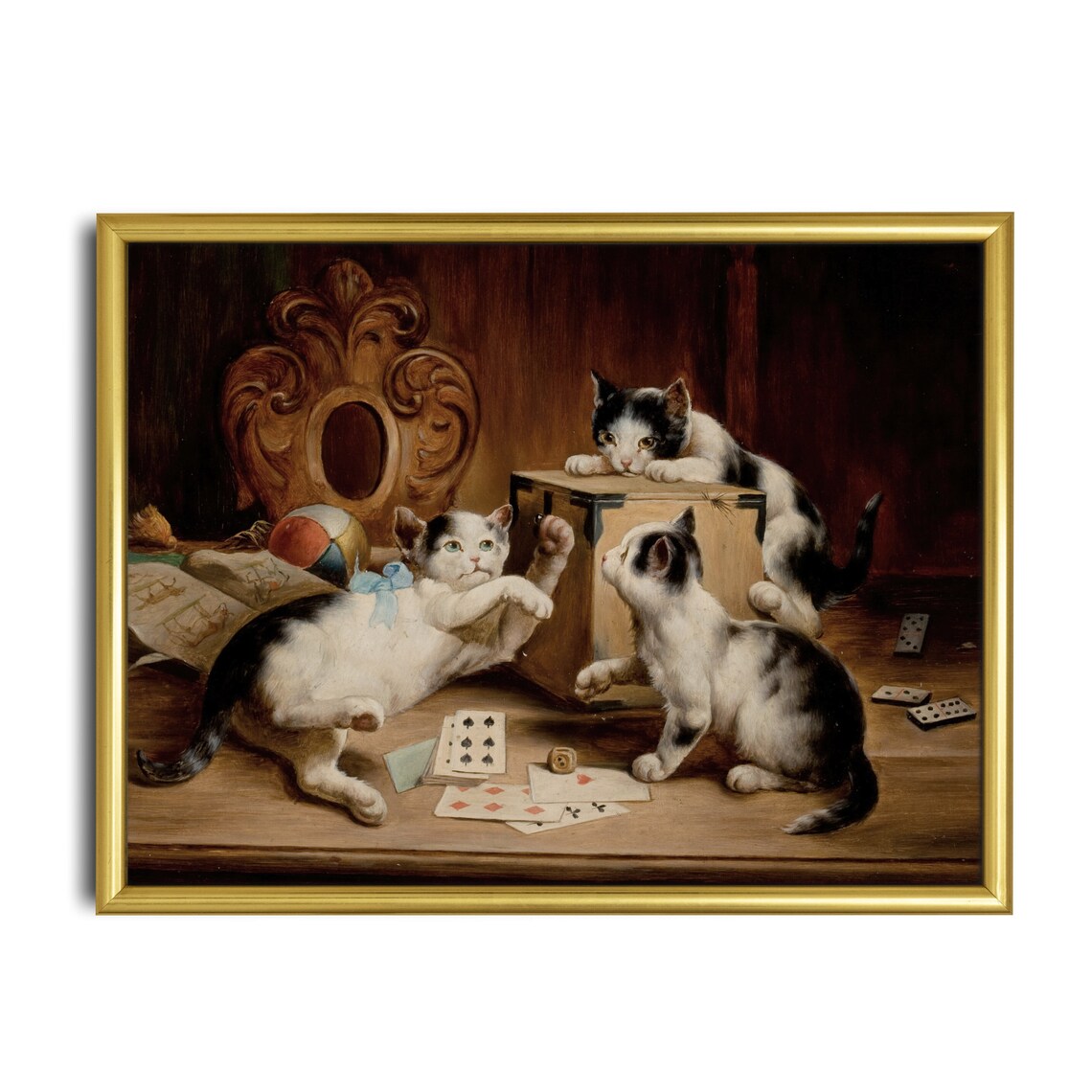 Three Kittens Playing Cards Dominoes Dice Vintage Whimsical Cat Art Poster - Image 3