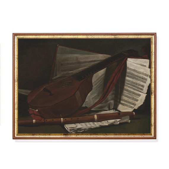 Vintage Still Life With Music Antique Instruments Painting Fine Art Moody Rustic Artwork Wall Art