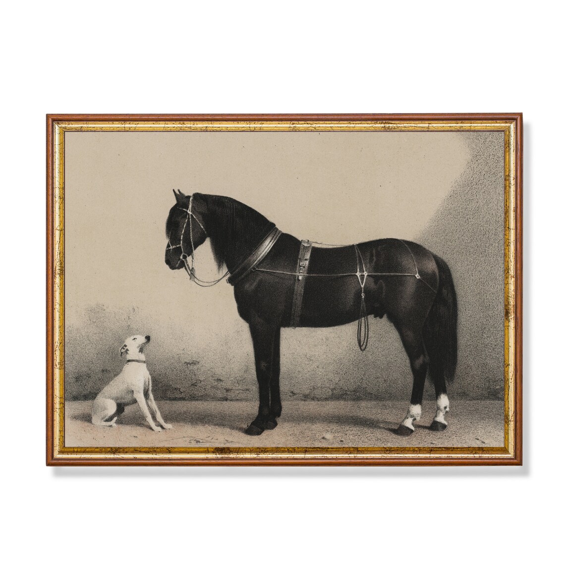 Horse and Dog Vintage Lithograph Art Print, Farmhouse Decor