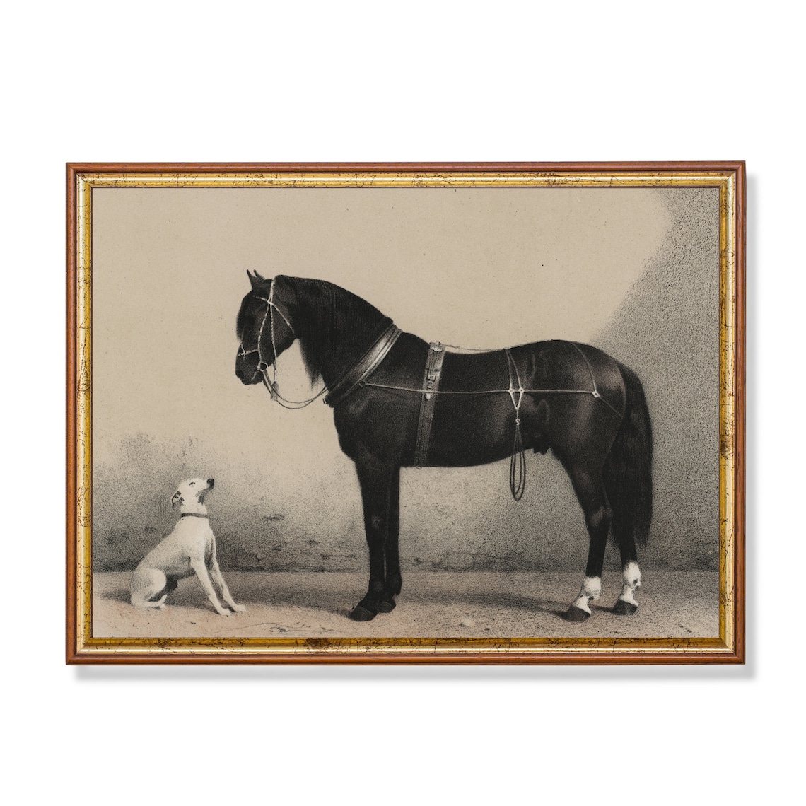 Horse and Dog Vintage Lithograph, Farmhouse Art Print